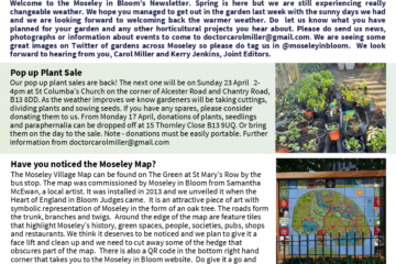 April front cover of the blooming news with image of tulips and the Moseley map.