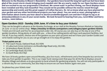 Front page of June's blooming news with details of how to purchase tickets for open gardens.