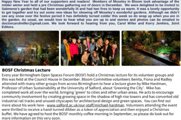 Image showing the front page of the Blooming News with images and text about the BOSF Christmas lecture.